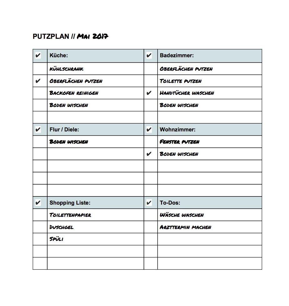 Paare putzplan excel für Putzplan Familie